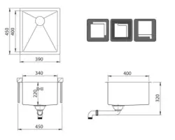 Ausmann Oder évier extra profond 22cm en acier inoxydable 34x40cm montage sous plan ou à montage en surface 1208957111