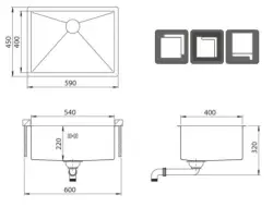 Ausmann Oder évier en acier inoxydable 54x40cm montage esous plan, à fleur de plan ou en surface extra profond 22cm 1208957113