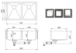 Ausmann Oder double évier en acier inoxydable 76x45cm avec 2 bacs 34x40 à montage sous plan, à fleur de plan ou en surface extra profond 22cm 1208957116