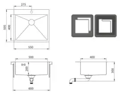 Ausmann Oder Bleu évier en acier inoxydable 55x50cm pour montage  en surface  ou à fleur de plan de travail avec surface pour robinet 1208957118