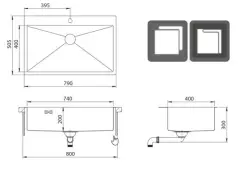 Ausmann Oder Bleu grand évier en acier inoxydable 79x50cm pour montage  en surface ou à fleur de plan de travail  avec surface pour robinet 1208957119