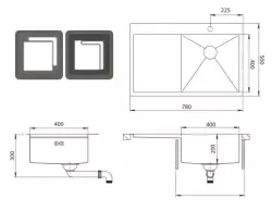 Ausmann Oder Bleu évier en acier inoxydable 78x50cm à montage à fleur de plan de travail ou en surface avec égouttoir 1208957121