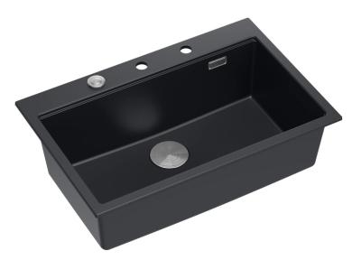 Quadri noir mat granit pierre dure grand évier à montage en surface 76x50cm y compris accessoires 1208957201