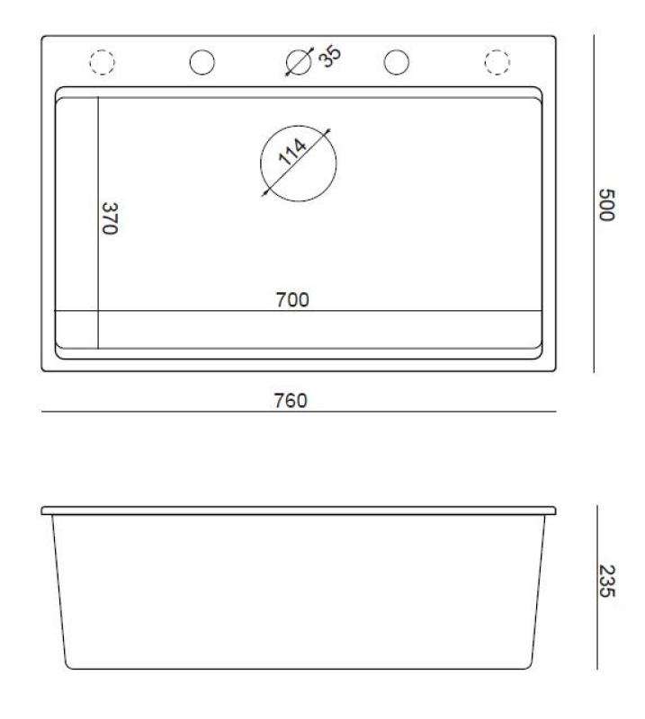 Quadri noir mat granit pierre dure grand évier à montage en surface 76x50cm y compris accessoires 1208957201