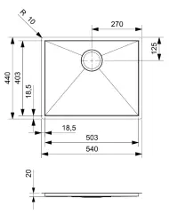 Reginox Ontario évier en acier inoxydable 50x40cm pour montage dans un plan de travail en céramique, pierre naturelle ou autre surface solide R36426