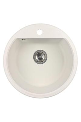 GraniteMy Bremen évier rond en granit 43 cm blanc sous plan ou en surface avec  avec surface pour robinet avec bouchon en inox 1208957356