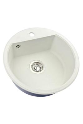 GraniteMy Bremen évier rond en granit 43 cm blanc sous plan ou en surface avec  avec surface pour robinet avec bouchon en inox 1208957356