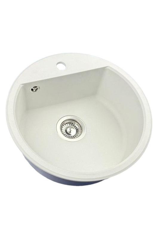 GraniteMy Bremen évier rond en granit 43 cm blanc sous plan ou en surface avec  avec surface pour robinet avec bouchon en inox 1208957356