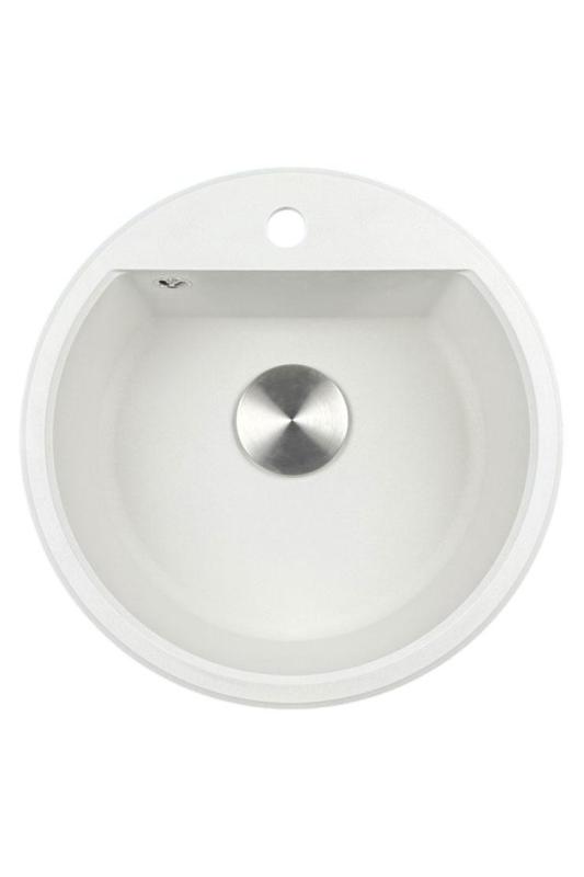 GraniteMy Bremen évier rond en granit 43 cm blanc sous plan ou en surface avec  avec surface pour robinet avec bouchon en inox 1208957356
