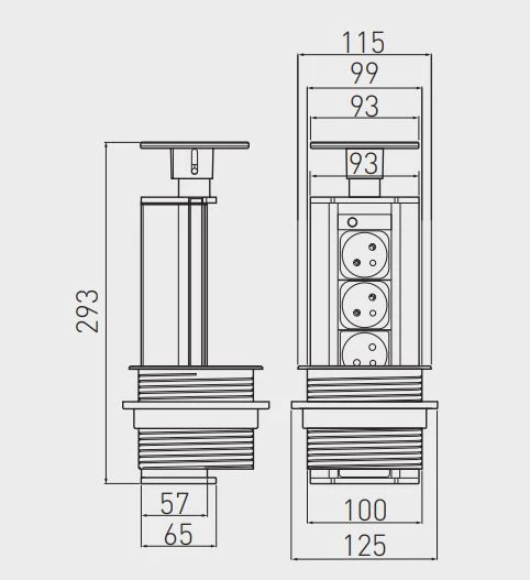 Indux Up & Down prise de cuisine à encastrer avec mise à la terre type E, noire, pour plan de travail avec 3 prises 1208957404