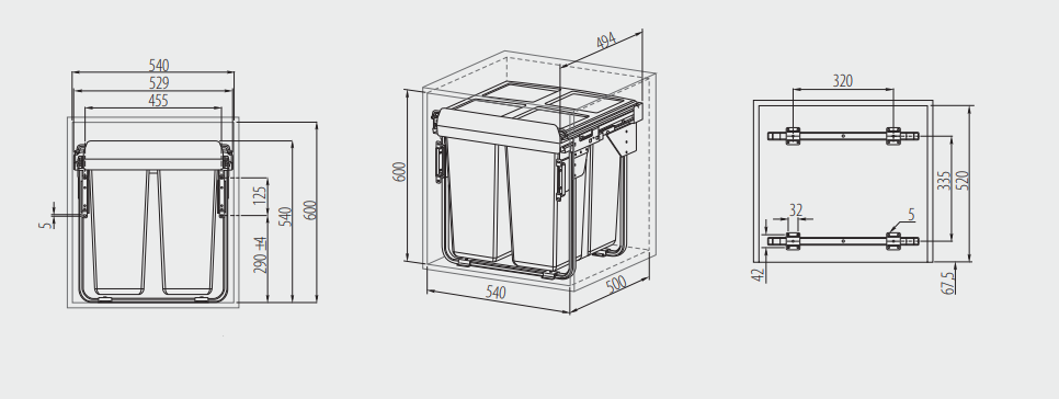 Garbi Carrier C-60-3-H système de tri de déchets encastrable avec ses propres coulisses et 3 bacs à déchets 1 x 34 + 2 x 17 litres 1208957470