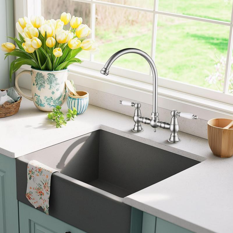 AquaTrimo Country Robinet de cuisine 2 trous pont nostalgique avec bec rond couleur inox 21CT7655NM