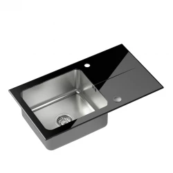 Quadri Glazz évier en inox montage en surface avec égouttoir en verre noir réversible 77x44 1208957862