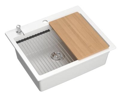 Quadri Durham évier en granit blanc 595x500 avec distributeur de savon, planche à découper, tapis roulant, bac d'insertion et tapis roulant 1208957903