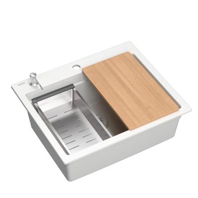 Quadri Durham évier en granit blanc 595x500 avec distributeur de savon, planche à découper, tapis roulant, bac d'insertion et tapis roulant 1208957903