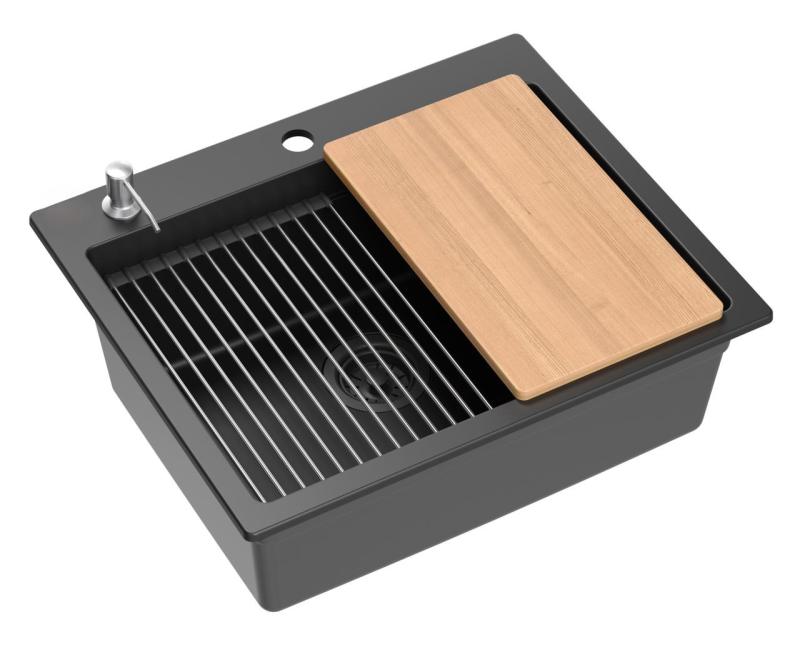 Quadri Durham évier en granit noir à poser 595x500 avec distributeur de savon, planche à découper, bac d'insertion et tapis roulant 1208957904