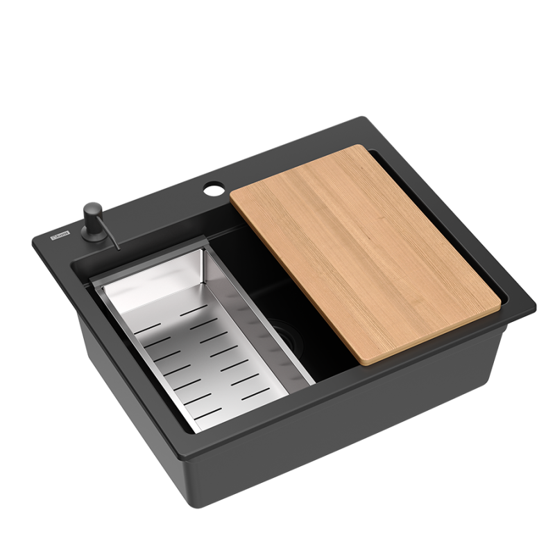 Quadri Durham évier en granit noir à poser 595x500 avec distributeur de savon, planche à découper, bac d'insertion et tapis roulant 1208957904