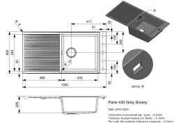 Reginox Paris 430 Regi-granite évier gris 100x50 cm montage en surface réversible avec espace pour trou de robinet, séchoir à vaisselle enroulable et bouton poussoir en acier inoxydable R3689
