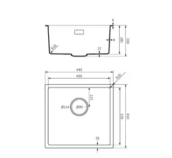 Lorreine série BQ 44x41cm évier sous plan noir avec bouchon noir 40BQ37-FU