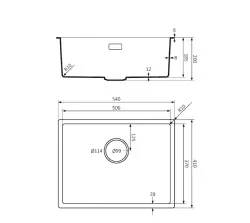 Lorreine série BQ 54x41cm noir évier sous plan et à fleur de plan avec bouchon noir 50BQ37-FU