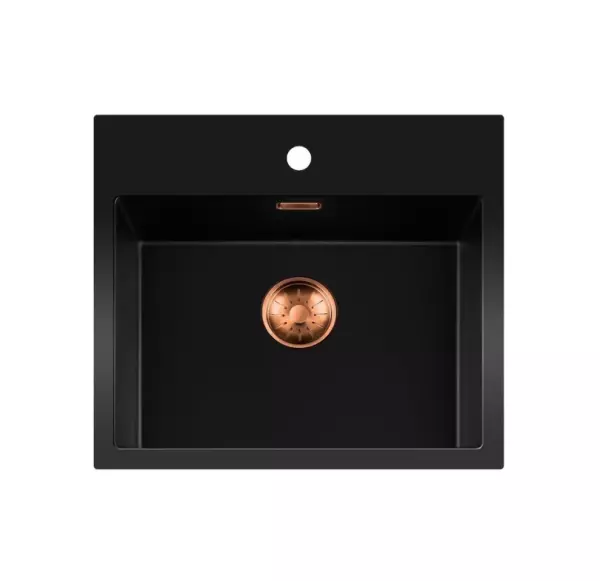 Lorreine évier série BQ 56x52cm en surface noir avec bouchon cuivré 50BQ37TH-T-COPPER