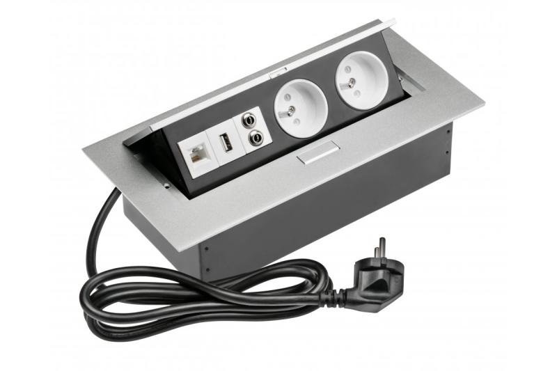 Câble d'extension de bureau 2x prise avec uziem, gn. USB, audio (banane), gn. RJ45, câble d'alimentation avec fiche, alu 1208958677