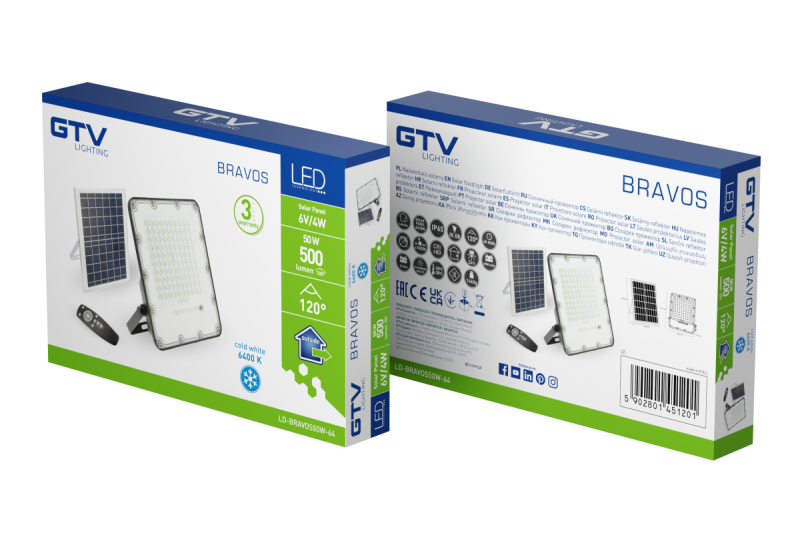 Projecteur solaire LED BRAVOS, 50W, 500lm, 6400K, IP65, 120°, panneau solaire, télécommande, 3y 1208962684