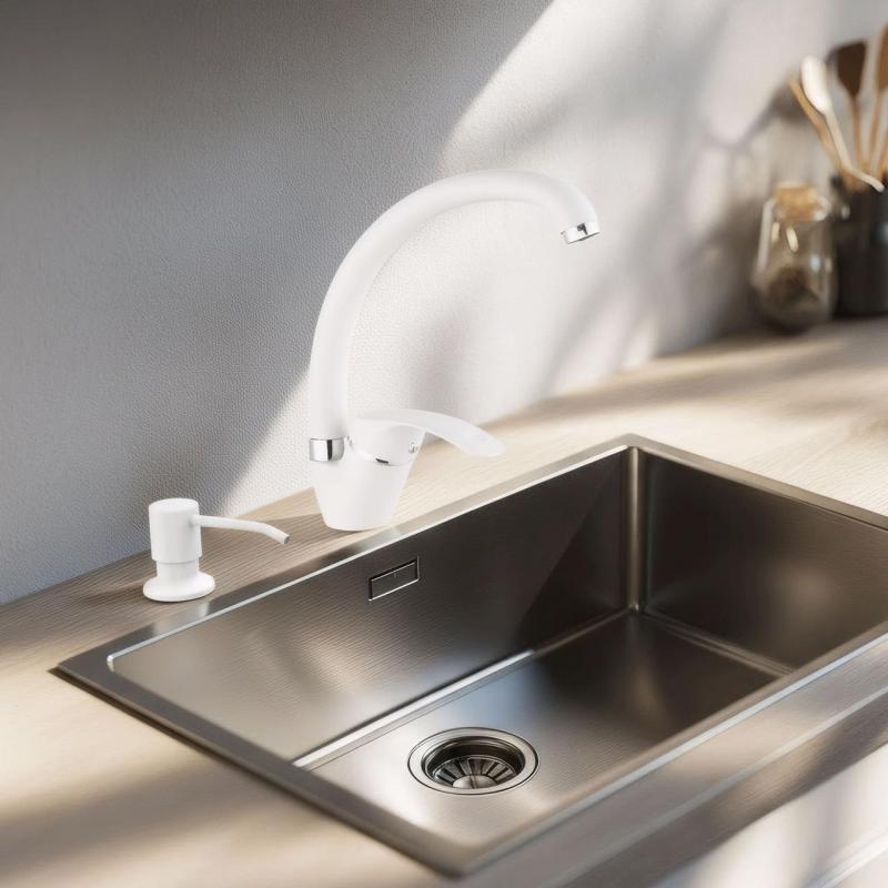 Quadri ensemble de robinet de cuisine blanc avec distributeur de savon intégré et panier pour bonde blanc ajustable 1208966928