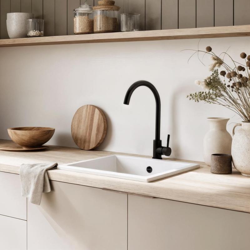 GraniteMy Évier universel en granit blanc 34x40 cm blanc à encastrer, sous-plan et à fleur avec bouchon en inox 1208967107