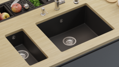 GraniteMy Évier universel en granit noir 55x40 cm noir encastrable, sous-plan et intégré avec bouchon en inox 1208967108