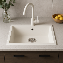 GraniteMy Évier universel en granit blanc 55x40 cm blanc, montage en surface, sous-meuble et encastré avec bouchon en inox 1208967109