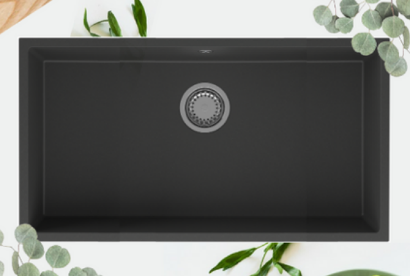 GraniteMy Universal grand évier en granit noir 74x40 cm noir montage en surface, sous-plan et affleurant avec bouchon en inox 1208967110