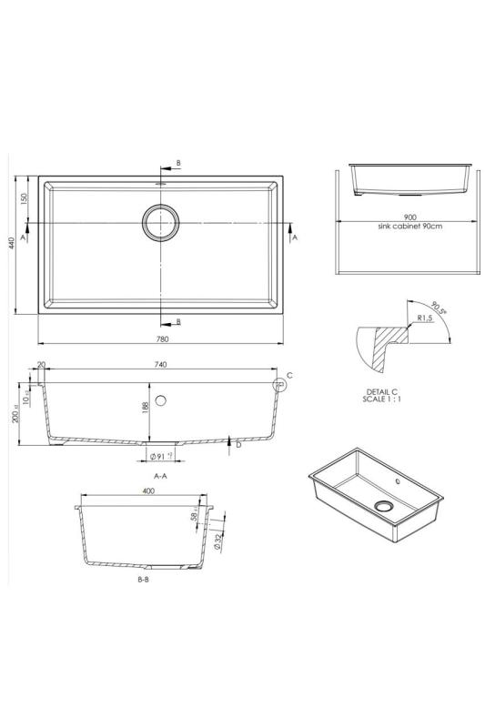 GraniteMy Universal évier en granit blanc grand 74x40 cm blanc montage en surface, sous-plan et à niveau avec bouchon en inox 1208967111