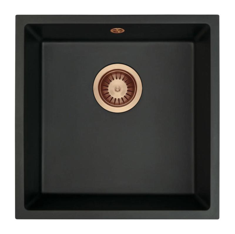 GraniteMy Évier universel en granit noir 40x40 cm noir montage en surface, montage sous plan et montage affleurant avec bouchon en cuivre 1208967114