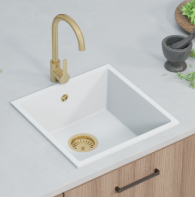 GraniteMy Universal évier en granit blanc 40x40 cm blanc montage en surface, sous-plan et à fleur avec bouchon blanc 1208967115