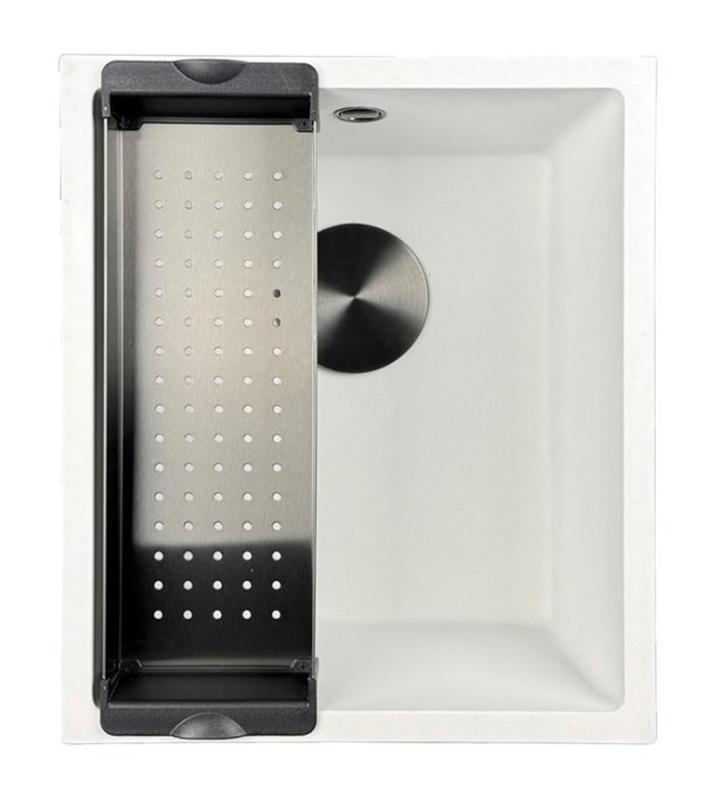 GraniteMy Évier universel en granit blanc 34x40 cm blanc pour montage en surface, sous-plan et affleurant avec bouchon noir 1208967147