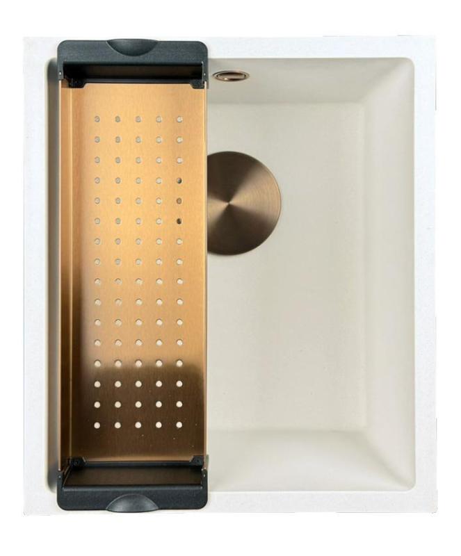 GraniteMy Évier universel en granit blanc 34x40 cm blanc, installation en surface, sous plan et à fleur avec bouchon en cuivre 1208967148