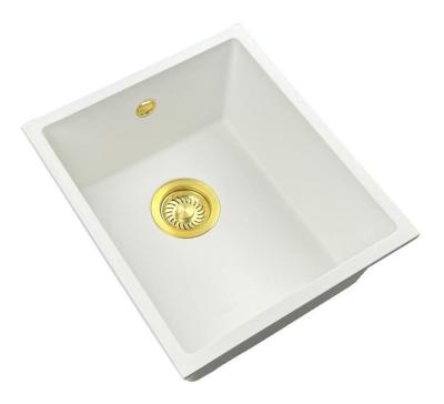 GraniteMy Universal évier en granit blanc 34x40 cm blanc à poser, à encastrer et à fleur avec bouchon doré 1208967149