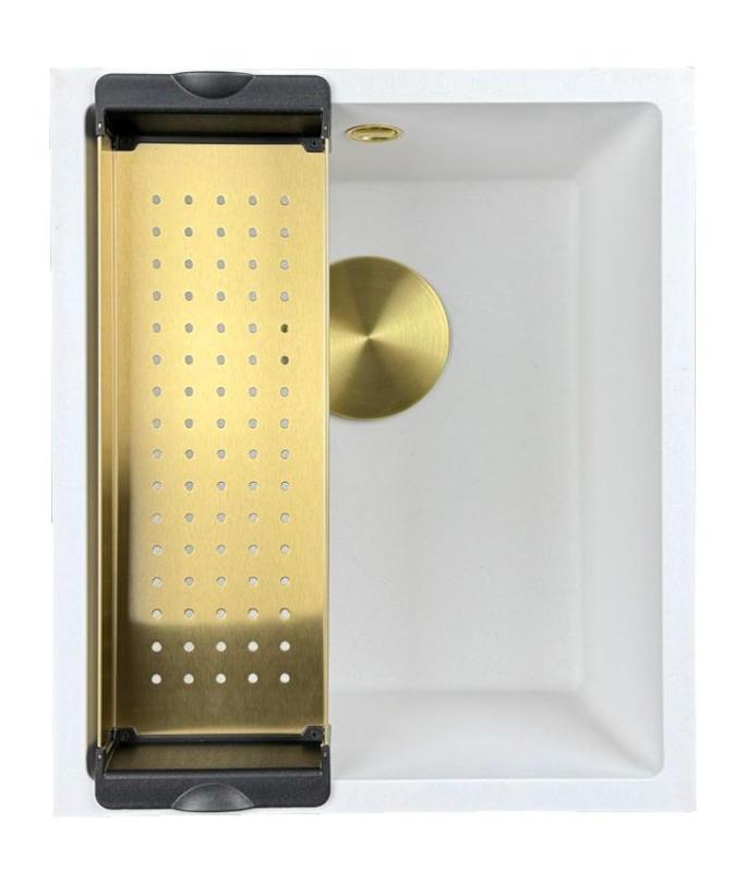 GraniteMy Universal évier en granit blanc 34x40 cm blanc à poser, à encastrer et à fleur avec bouchon doré 1208967149