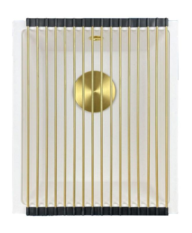 GraniteMy Universal évier en granit blanc 34x40 cm blanc à poser, à encastrer et à fleur avec bouchon doré 1208967149