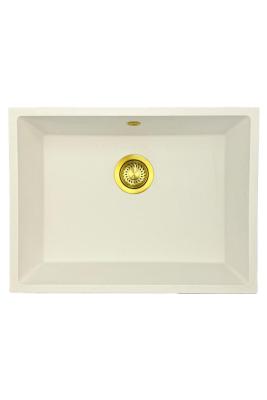 GraniteMy Évier universel en granit blanc 55x40 cm blanc montage en surface, sous-plan et affleurant avec bouchon doré 1208967155