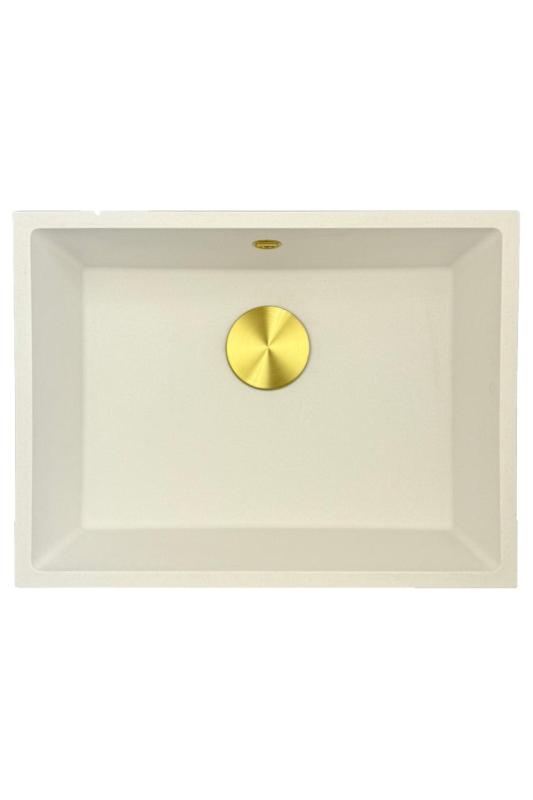 GraniteMy Évier universel en granit blanc 55x40 cm blanc montage en surface, sous-plan et affleurant avec bouchon doré 1208967155