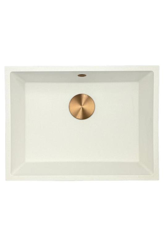 GraniteMy Évier universel en granit blanc 55x40 cm blanc, montage en surface, sous-plan et affleurant avec bouchon en cuivre 1208967156