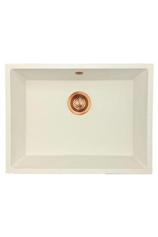 GraniteMy Évier universel en granit blanc 55x40 cm blanc, montage en surface, sous-plan et affleurant avec bouchon en cuivre 1208967156