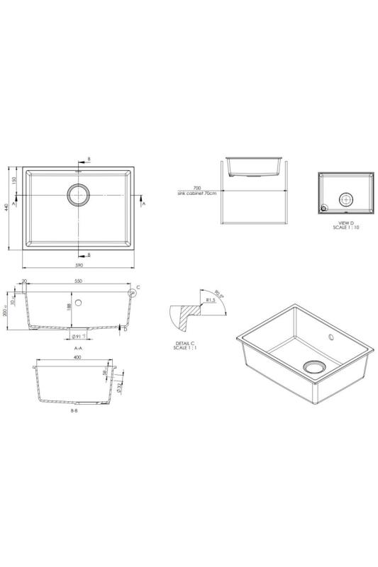 GraniteMy Évier universel en granit blanc 55x40 cm blanc, montage en surface, sous-plan et affleurant avec bouchon en cuivre 1208967156