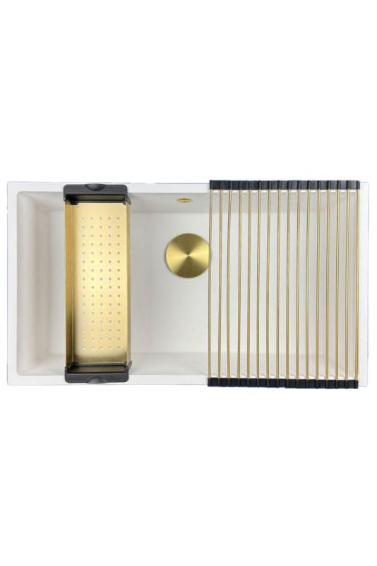 GraniteMy Universal grand évier en granit blanc 74x40 cm blanc, montage en surface, montage sous plan et montage affleurant avec bouchon doré 1208967163