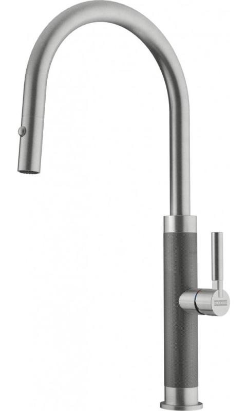 Franke Mythos Masterpiece Robinet de Cuisine Acier Inoxydable avec Bec en J et Douchette Extractible - 115.0711.554
