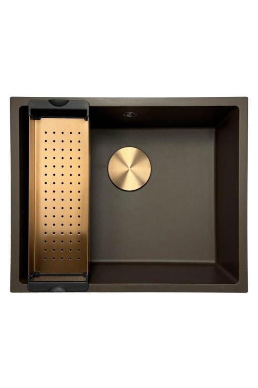 GraniteMy Évier de café universel en granit 50x40 cm montage en surface, sous plan et affleurant avec bouchon en cuivre 1208967229