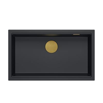 Quadri Newport II grand et profond bac à évier en granit monté et sous-monté noir 76x45cm avec bouchon doré 1208967307