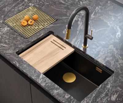 Quadri Newport II grand et profond bac à évier en granit monté et sous-monté noir 76x45cm avec bouchon doré 1208967307